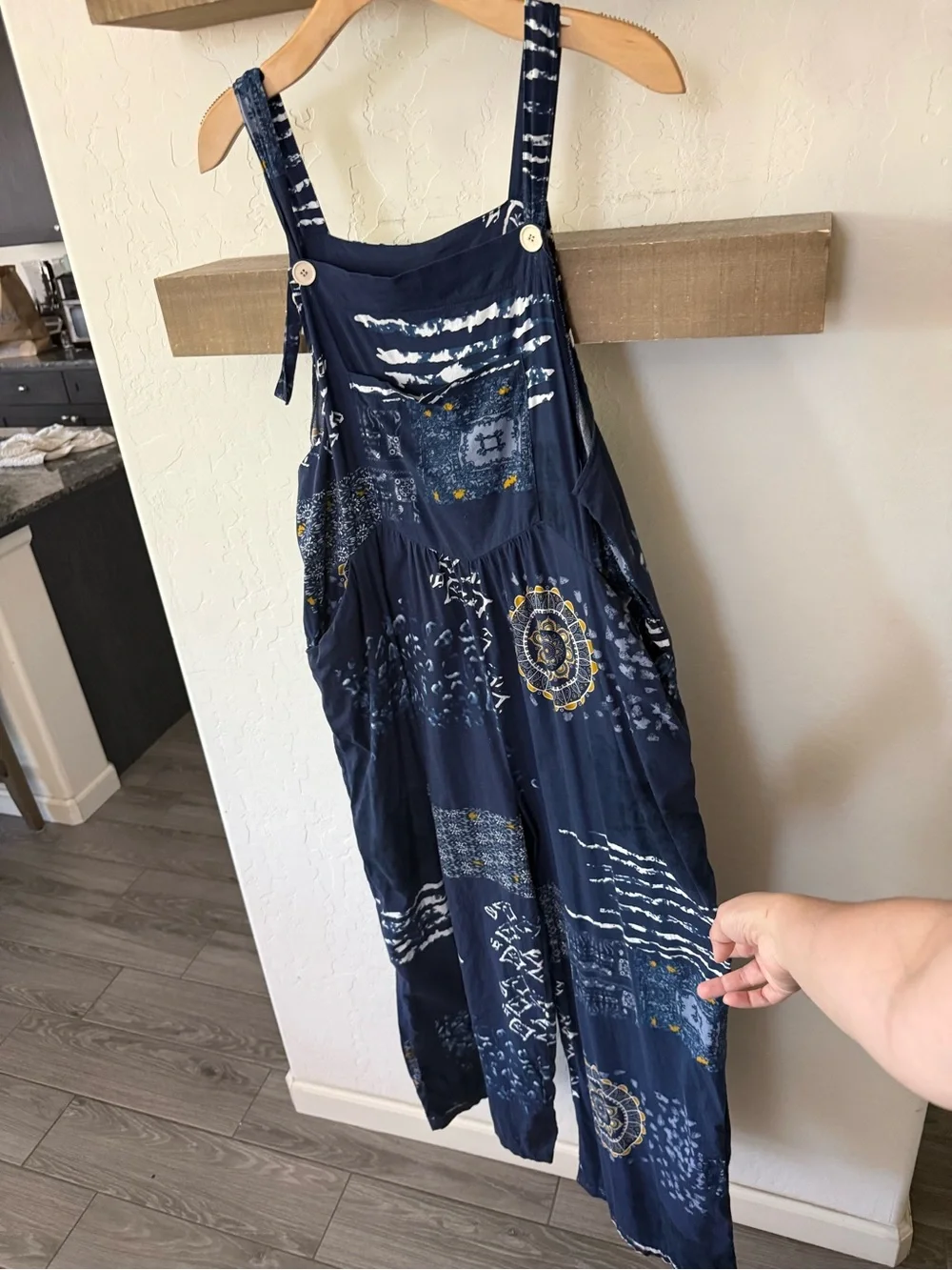 Small shop|Navy Boho Patchwork print Wide-Leg sleeveless Jumpsuit,overall style• - Picture 4 of 13